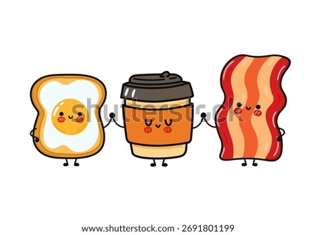 Breakfast items fried egg toast, coffee, and bacon strip holding hands, showing partnership and friendship concept