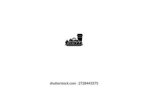 Breakfast items including coffee fruit and pastries in black silhouette