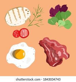 Breakfast items scrambled eggs with bacon and toast