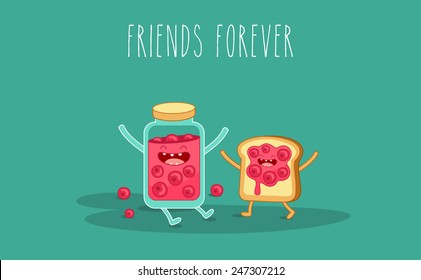 Breakfast. Jam and toast. Friends forever. Use for card, poster, banner, web design and print on t-shirt. Easy to edit. Vector illustration.