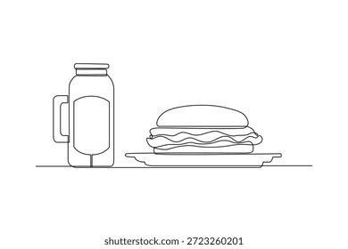 Una jarra de desayuno y hamburguesa en la mesa. Concepto de la hora del desayuno. Diseño de dibujo de línea única. Ilustración gráfica de Vector