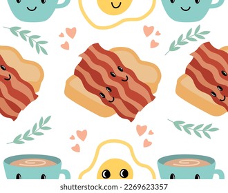 Frühstück kawaii nahtlose Seite. Wiederholtes Design-Element für den Druck auf Gewebe. Eier und Maulkorb mit heißem Getränk, Tee oder Kaffee, Brot mit Speck und Toast. Cartoon-Flavektor-Vektorgrafik
