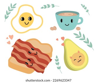 Breakfast kawaii set. Avocado, mug of tea or coffee, bacon with bread, half avocado with cats head. Poster or banner for website. Cartoon flat vector illustrations isolated on white background