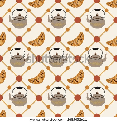 Breakfast Kettle and Croissant Vector Seamless Pattern