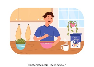 Breakfast kids concept with people scene in the flat cartoon design. Boy eats cereal and milk for breakfast in the morning and drinks tea. Vector illustration.