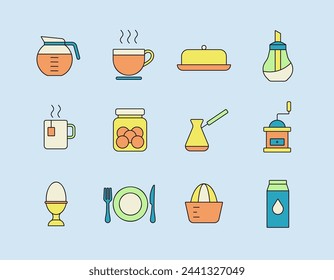 Breakfast and kitchen vector color icon set. Graph symbol for cooking web site and apps design, logo, app, UI