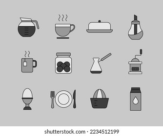 Breakfast and kitchen vector grayscale icon set. Graph symbol for cooking web site and apps design, logo, app, UI