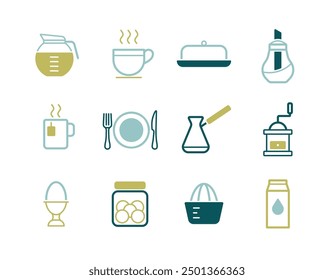 Breakfast and kitchen vector isolated icon set. Graph symbol for cooking web site and apps design, logo, app, UI