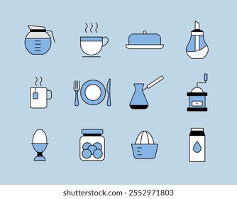 Breakfast and kitchen vector isolated icon set. Graph symbol for cooking web site and apps design, logo, app, UI