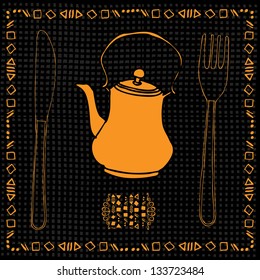 breakfast label with tea pot, fork, knife and golden frame on pattern background