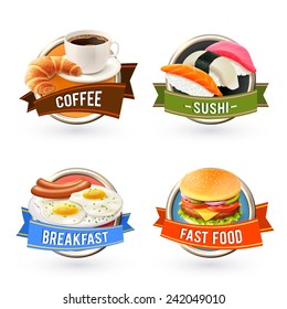 Breakfast labels set with coffee sushi fried egg fast food hamburger isolated vector illustration