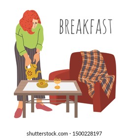 Breakfast. The lady pours tea into cup. The girl sets the table in a comfortable room. Interior with a coffee table and an armchair with a blanket over it. Hand-draw vector flat cartoon illustration o