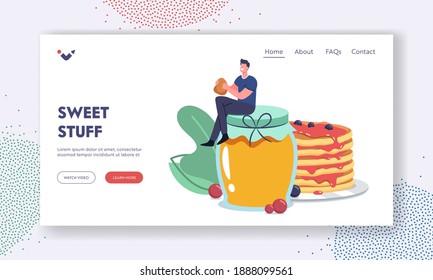 Breakfast Landing Page Template. Tiny Male Character Sit on Huge Glass Jar with Honey Eating Fresh Tasty Pancakes. Delicious Homemade Dessert with Sweet Syrup and Berries. Cartoon Vector Illustration