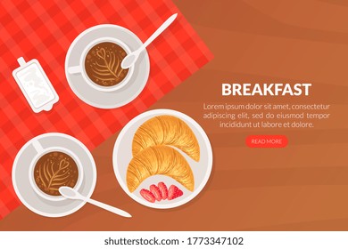 Breakfast Landing Page Template, Top View of Salad offee and Croissants on Wooden Surface Web Page, Homepage Vector Illustration
