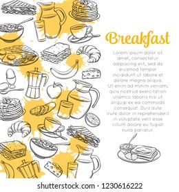 Breakfast layout. Brunches sketch vector illustration. Jug of milk, coffee pot, cup, juice, sandwich and fried eggs. Pancakes, toast with jam, croissant, cheese and flakes with milk for menu design.