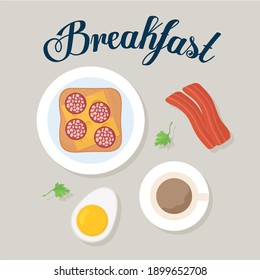 breakfast lettering and bread with one cheese and pepperoni in the top of it vector illustration design