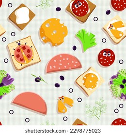 Breakfast. Light blue linen texture with slices of white and rye bread, sandwiches, butter, cheese, boiled sausage, salami, green salad, dill, Radicchio lettuce, black olives. Seamless rustic pattern