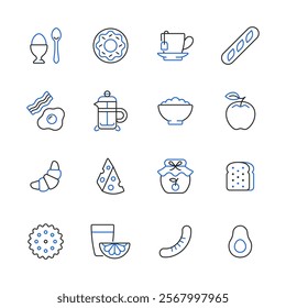 Breakfast line color icon set. Vector collection symbol with egg, donut, apple, croissant, avocado, tea cup, toast, coffee.