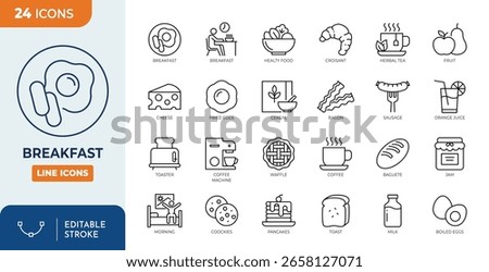 Breakfast line editable icon set. Containing morning, bread, coffee, tea, cereals, jam, milk, orange juice, and more. Editable stroke. Vector illustration