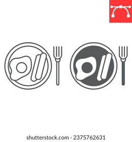 Breakfast line and glyph icon, fried egg and sausages, english breakfast vector icon, vector graphics, editable stroke solid sign, eps 10.