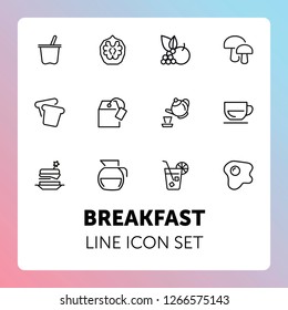 Breakfast line icon set. Set of line icons on white background. Food concept. Coffee, tea, bread. Vector illustration can be used for topics like food, cafe, breakfast