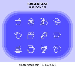 Breakfast line icon set. Set of line icons on white background. Food concept. Coffee, tea, bread. Vector illustration can be used for topics like food, cafe, breakfast