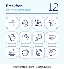 Breakfast line icon set. Set of line icons on white background. Food concept. Coffee, tea, bread. Vector illustration can be used for topics like food, cafe, breakfast