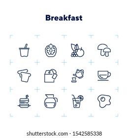 Breakfast line icon set. Set of line icons on white background. Food concept. Coffee, tea, bread. Vector illustration can be used for topics like food, cafe, breakfast