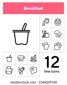 Breakfast line icon set. Set of line icons on white background. Food concept. Coffee, tea, bread. Vector illustration can be used for topics like food, cafe, breakfast