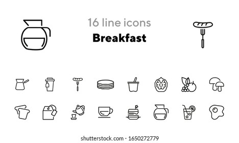 Breakfast line icon set. Set of line icons on white background. Food concept. Coffee, tea, bread. Vector illustration can be used for topics like food, cafe, breakfast