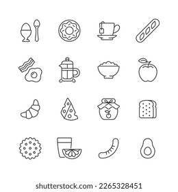 Breakfast line icon set. Vector collection symbol with egg, donut, apple, croissant, avocado, tea cup, toast, coffee. Editable stroke.