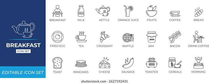 Conjunto de ícones de linha de café da manhã. ilustração vetorial.