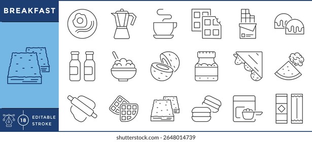 Conjunto de ícones da linha do café da manhã | Comida, café, torradas e refeições matinais | Traço editável