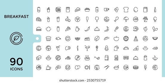 Breakfast line style web icons set. Food icon collection, funchose, clam, chinese chicken, kebab and more. editable stroke and pixel perfect icons pack. Outline symbol bundel.