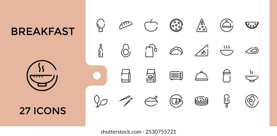 Café da manhã estilo web ícones conjunto. Coleção de ícones de comida, funchoose, molusco, frango chinês, kebab e muito mais. Bule do símbolo de estrutura de tópicos.