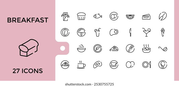 Café da manhã estilo web ícones conjunto. Coleção de ícones de comida, funchoose, molusco, frango chinês, kebab e muito mais. Bule do símbolo de estrutura de tópicos.