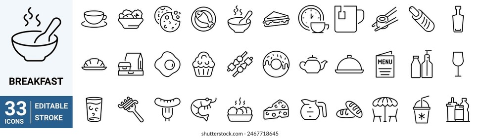Breakfast line web icons. Food line icon set, salad, octopus soup, funchose, clam, chinese chicken, kebab,