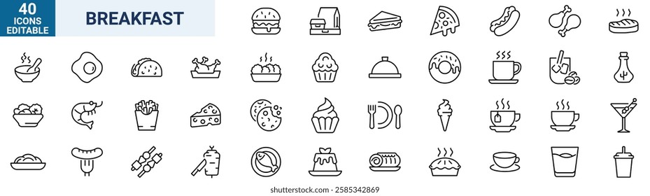 Breakfast line web icons. Food line icon set, salad, octopus soup, funchose, clam, chinese chicken, kebab. Vector illustration