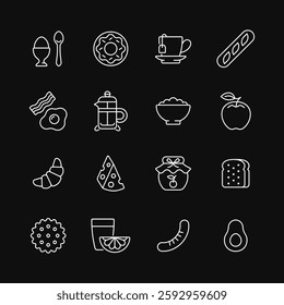 Breakfast line white icon set on black background. Vector collection symbol with egg, donut, apple, croissant, avocado, tea cup, toast, coffee. Editable stroke.