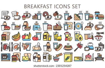 Breakfast lineal multi color icons set, contain bread, milk, cake, tea, juice, croissant, glass, coffee and more. use for modern concept, UI or UX kit, web and app. vector EPS 10 ready convert to SVG. svg