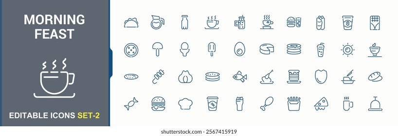 Breakfast linear icon collection. Icons corn, pack, cheese, croissant, cereal and more. Pixel perfect. Editable vector stroke.