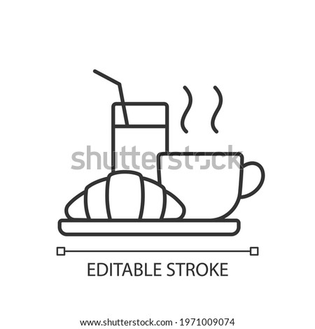Breakfast linear icon. Light morning meal consisting of baked goods, fruits and coffee. Thin line customizable illustration. Contour symbol. Vector isolated outline drawing. Editable stroke