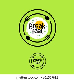 Breakfast logo. Cafe or snack emblem. Scrambled egg, a plate, and forks with spoons in a circle. Funny illustration.