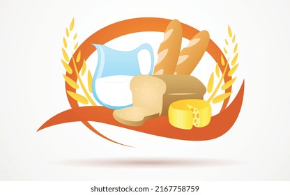 breakfast logo. orange frame with wheat, bread, milk, cheese, loaf of bread