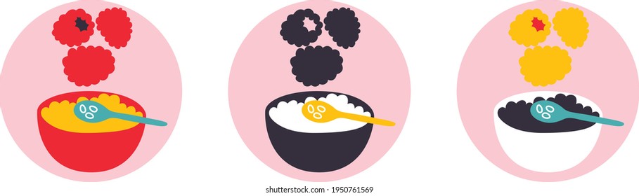 Breakfast logo set for products, confectionery, packaging and advertising. Abstract flat stickers, emblems and labels for muesli. Graphic design editable for your design.