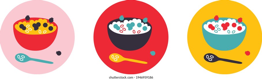 Breakfast logo set for products, organic shops, packaging and advertising. Abstract flat stickers, emblems and labels for muesli. Graphic design editable for your design.