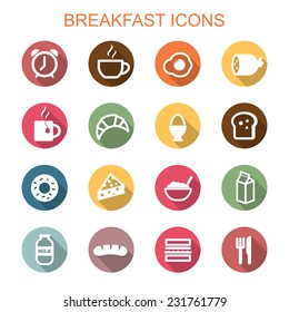 breakfast long shadow icons, flat vector symbols