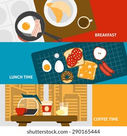 Breakfast lunch and coffee time horizontal banners set flat isolated vector illustration 