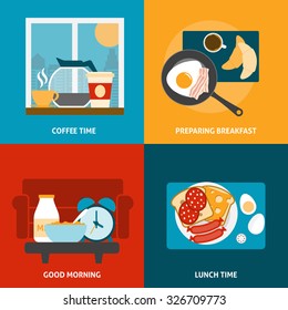 Breakfast lunch and coffee time icons set with preparing a meal flat isolated vector illustration 