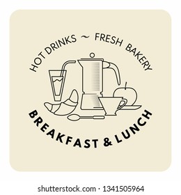 Breakfast and lunch decorative composition in outline style for cafe and restaurant banner,menu. Coffe pot, juice, cup, kruassan, spoon,apple and typography.